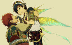 Rule 34 | 2boys, android, black hair, black nails, damaged, earrings, eye contact, floral print, green eyes, guro, hairband, hand on another&#039;s cheek, hand on another&#039;s face, heterochromia, highres, honya lala, jewelry, long sleeves, looking at another, male focus, multiple boys, nail polish, necklace, original, red hair, ring, short hair, simple background, tassel, traditional clothes, upper body, wings