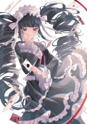 Rule 34 | 1girl, absurdres, black hair, black jacket, black nails, black skirt, blunt bangs, bow, card, celestia ludenberg, chromatic aberration, claw ring, cowboy shot, curly hair, danganronpa: trigger happy havoc, danganronpa (series), daziran ran ran, drill hair, earrings, expressionless, frilled jacket, frilled skirt, frilled sleeves, frills, glint, gothic lolita, hair bow, hand on own cheek, hand on own face, hand up, headdress, highres, holding, holding card, jacket, jewelry, layered skirt, lolita fashion, long hair, long sleeves, looking at viewer, nail polish, neck ribbon, playing card, red eyes, red ribbon, ribbon, skirt, solo, twin drills, very long hair, white bow, white headwear