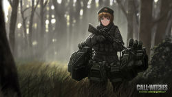 Rule 34 | 1girl, armor, armored boots, assault rifle, blonde hair, boots, call of duty, call of duty: modern warfare 2, character request, closed mouth, day, english text, eotech, expressionless, forest, garrison cap, grass, green hat, grey eyes, gun, hat, holding, holding gun, holding weapon, machinery, military, military uniform, nature, outdoors, plant, rifle, short hair, soldier, solo, standing, strike witches, striker unit, sunlight, text focus, tom-neko (zamudo akiyuki), tree, uniform, weapon, world witches series