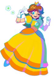 Rule 34 | 1girl, alternate hairstyle, blue eyes, brown hair, clenched hand, commentary, crown, denaseey, dress, earrings, english commentary, floating, flower, gloves, highres, jewelry, long hair, looking at viewer, mario (series), nintendo, one eye closed, open mouth, princess daisy, solo, super mario land, v, white background, white gloves, yellow dress