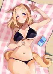 Rule 34 | 1girl, animal ears, arm up, armpits, bare arms, bare shoulders, beach towel, bikini, black bikini, blonde hair, blush, breasts, commentary request, cowboy shot, highres, horse ears, komb, large breasts, looking at viewer, lying, narita top road (umamusume), navel, on back, partial commentary, short hair, solo, stomach, swimsuit, thighs, towel, umamusume, yellow eyes