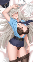 Rule 34 | 1girl, arm up, belt, black belt, black bra, black panties, blue shirt, blue skirt, bra, breasts, clothes lift, clothes pull, collared shirt, cuffs, grey eyes, grey hair, handcuffs, hat, unworn hat, unworn headwear, highres, holding, holding handcuffs, hololive, large breasts, long hair, loose necktie, lying, miniskirt, necktie, on back, open mouth, panties, pantyhose, pantyhose pull, pantyshot, paper, peaked cap, police hat, pulling own clothes, raised eyebrows, shirt, shishiro botan, skirt, skirt lift, solo, thighs, underwear, very long hair, virtual youtuber, wei xiao