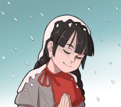 Rule 34 | 1girl, black hair, braid, capelet, closed eyes, dress, earlobes, gradient background, grey dress, long earlobes, long hair, mefomefo, no headwear, own hands together, red ribbon, ribbon, sad smile, single tear, smile, snot, snow, snow on head, snowing, solo, touhou, twin braids, upper body, yatadera narumi