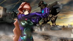 Rule 34 | 1girl, breasts, brown eyes, brown hair, clenched teeth, covered erect nipples, covered navel, firing, genya (genya67), gun, highres, impossible clothes, large breasts, mecha, military, military vehicle, motor vehicle, muv-luv, robot, skin tight, solo, tank, teeth, vehicle, wavy hair, weapon