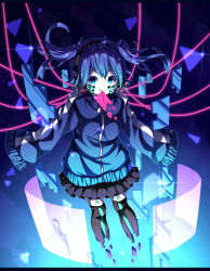Rule 34 | 1girl, black thighhighs, blue background, blue eyes, blue hair, blue theme, cable, ene (kagerou project), full body, gradient background, headphones, kagerou project, letter, long hair, miniskirt, nuira, skirt, solo, thighhighs, twintails