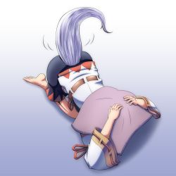 Rule 34 | 1girl, all fours, barefoot, commentary request, female focus, gradient hair, hands on own head, hiding, inubashiri momiji, kouno ibuki, long sleeves, multicolored hair, pillow, shirt, skirt, solo, tail, tail raised, touhou, wide sleeves, wolf tail