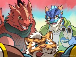 Rule 34 | 3boys, :q, abs, animal ears, bara, blue eyes, brown eyes, chinese new year, claws, commentary, company name, dated, dragon boy, dragon horns, english commentary, fruitz (fruitzjam), furry, furry male, glasses, highres, horns, lin hu (nekojishi), looking at viewer, male focus, multiple boys, nekojishi, official art, pawpads, pectorals, ragoo (nekojishi), randolph (nekojishi), second-party source, tiger boy, tiger ears, tiger stripes, tongue, tongue out, v, yellow eyes