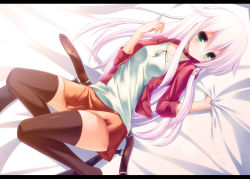 Rule 34 | 1girl, anceril sacred, bed sheet, belt, black thighhighs, choker, green eyes, letterboxed, long hair, looking at viewer, lying, on back, original, pink hair, sheet grab, skirt, smile, solo, syroh, thighhighs, zettai ryouiki