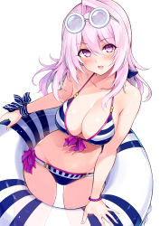 Rule 34 | 1girl, :d, bare shoulders, bikini, blue bow, blush, bow, breasts, cleavage, collarbone, commentary request, cu-no, eyewear on head, front-tie bikini top, front-tie top, hair between eyes, head tilt, hisen kaede, holding, holding swim ring, innertube, large breasts, long hair, nail polish, navel, open mouth, pink hair, purple bow, red eyes, side-tie bikini bottom, simple background, single hair intake, smile, solo, striped bikini, striped bow, striped clothes, swim ring, swimsuit, transparent, white-framed eyewear, white background, yayoi sakura