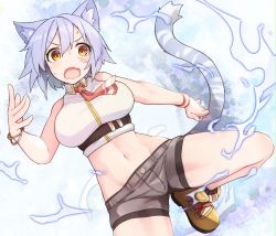 Rule 34 | 1girl, animal ear fluff, animal ears, bangle, bare shoulders, blush, boots, bracelet, breasts, brown eyes, collared shirt, commentary request, crop top, fang, grey shorts, groin, hair between eyes, hand up, highres, jewelry, midriff, navel, open mouth, original, purple hair, ribbed legwear, ryota tentei, shirt, short hair, short shorts, shorts, skin fang, sleeveless, sleeveless shirt, socks, solo, standing, standing on one leg, sweat, tail, thighs, tongue, underbust, v-shaped eyebrows, white shirt, wristband, yellow footwear