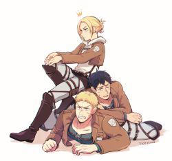 Rule 34 | 1girl, 2boys, annie leonhart, bertolt hoover, black hair, blonde hair, blue eyes, blue shirt, boots, brown eyes, chest belt, clenched teeth, closed mouth, cropped jacket, crown (symbol), grey pants, harness, hood, hood down, hoodie, jacket, leather, leather boots, leather jacket, looking at viewer, looking away, lying, midooka (o k k), multiple boys, on person, on stomach, open mouth, pants, paradis military uniform, reiner braun, shingeki no kyojin, shirt, short hair, sitting, smile, teeth, thigh boots, thighhighs, three-dimensional maneuver gear, white background