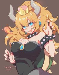 Rule 34 | 1girl, armlet, artist name, bare shoulders, black dress, black nails, blonde hair, blue eyes, blush, bowsette, bracelet, breasts, breath weapon, breathing fire, cleavage, collar, commentary, crown, dress, earrings, english commentary, fire, horns, jewelry, large breasts, looking at viewer, lucidsky, mario (series), nail polish, new super mario bros. u deluxe, nintendo, open mouth, pointy ears, ponytail, sharp teeth, solo, spiked bracelet, spiked collar, spiked shell, spikes, strapless, strapless dress, super crown, teeth, turtle shell