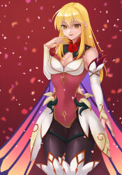 Rule 34 | 1girl, absurdres, alternate costume, bare shoulders, black leggings, blonde hair, boots, breasts, cape, cecilia (fire emblem), cecilia (fire emblem) (cosplay), cecilia (resplendent) (fire emblem), cleavage, commission, cosplay, covered navel, dress, elbow gloves, falling petals, fire emblem, fire emblem: genealogy of the holy war, fire emblem: the binding blade, fire emblem heroes, flower, full body, gloves, gold trim, gradient clothes, hand on own face, hazuki (nyorosuke), high heel boots, high heels, highres, lachesis (fire emblem), leggings, long hair, looking at viewer, medium breasts, nintendo, overskirt, pelvic curtain, petals, plant, red background, short dress, simple background, skeb commission, sleeveless, smile, solo, standing, thigh boots, thorns, vines, yellow eyes