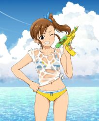 Rule 34 | 1girl, bikini, blue ribbon, blue sky, blush, bow, breasts, brown eyes, brown hair, cloud, collarbone, contrail, day, dot nose, futami mami, grin, hair bow, hair ribbon, hand on own hip, hand up, highres, holding, holding water gun, idolmaster, idolmaster (classic), idolmaster million live!, idolmaster million live! theater days, looking at viewer, medium breasts, midriff, multicolored bikini, multicolored clothes, nabe, ocean, one eye closed, ribbon, see-through, shirt, short hair, side ponytail, sky, sleeves rolled up, smile, solo, striped bikini, striped clothes, swimsuit, the end of chun, tied shirt, v-shaped eyebrows, water gun, wet, wet clothes, wet hair, wet shirt, white shirt