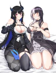 Rule 34 | 2girls, :&lt;, absurdres, armband, asymmetrical horns, asymmetrical legwear, bare shoulders, black choker, black hair, black nails, black thighhighs, blue hair, breasts, chest belt, choker, closed mouth, clothing cutout, colored inner hair, demon horns, dress, fingernails, full body, gloves, grey hair, grin, hair ornament, hand up, highres, hololive, hololive english, horn flower, horns, jacket, jewelry, lace, lace-trimmed choker, lace choker, lace trim, large breasts, light blush, long hair, looking at viewer, miniskirt, mmneko, mole, mole under eye, multicolored hair, multiple girls, multiple rings, nail polish, nerissa ravencroft, nerissa ravencroft (1st costume), open clothes, open jacket, red eyes, ring, seiza, shiori novella, shiori novella (1st costume), shoulder cutout, side-by-side, single leg pantyhose, single thighhigh, sitting, skirt, sleeveless, sleeveless dress, smile, split-color hair, thigh strap, thighhighs, transparent background, two-tone hair, uneven horns, uneven legwear, very long hair, virtual youtuber, wrist cuffs, yellow eyes