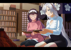 Rule 34 | 2girls, anastasia (fate), beppu mitsunaka, bookshelf, brown hair, cleavage cutout, clothing cutout, closed eyes, fate/grand order, fate (series), glasses, hairband, highres, kotatsu, letterboxed, long hair, low twintails, multiple girls, nintendo switch, osakabehime (fate), playing games, ribbed sweater, silver hair, sitting, skirt, sweater, table, twintails, wariza