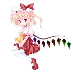 Rule 34 | 1girl, bad id, bad pixiv id, blonde hair, female focus, flandre scarlet, full body, hat, kiyomin, mob cap, pointy ears, ponytail, ribbon, simple background, sitting, solo, thighhighs, touhou, white background, white thighhighs, wings