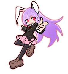 Rule 34 | 1girl, animal ears, black jacket, black thighhighs, blazer, breasts, brown footwear, closed mouth, collared shirt, crescent, crescent pin, full body, jacket, long hair, long sleeves, necktie, pink skirt, pointing, pointing at viewer, purple hair, puyopuyo, rabbit ears, rabbit girl, red eyes, red necktie, reisen udongein inaba, shinmon akika, shirt, simple background, skirt, smile, solo, thighhighs, tongue, tongue out, touhou, white background, white shirt