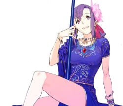 Rule 34 | 1girl, blue dress, bracelet, breasts, dress, earrings, fate/grand order, fate (series), flower, hair flower, hair ornament, hair ribbon, indian clothes, jewelry, knee up, large breasts, long hair, looking at viewer, lotus, matou sakura, necklace, open mouth, pako (pakosun), parvati (fate), pendant, pink flower, pink ribbon, ponytail, ribbon, short sleeves, simple background, sitting, smile, solo, staff, thighs, white background