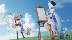 Rule 34 | 2girls, absurdres, ahoge, animal, animal ears, animal request, arms up, bare legs, black bra, black footwear, black gloves, black headwear, black shorts, black sleeves, blue hair, blue sky, boots, bra, can (honkai impact), canvas (object), chinese commentary, closed eyes, cloud, commentary request, cross-laced footwear, day, detached sleeves, dress, easel, falling leaves, feet, full body, gloves, griseo, griseo (starry impression), highres, holding, holding paintbrush, holding palette, honkai (series), honkai impact 3rd, horizon, knee boots, lace-up boots, leaf, legs, light brown hair, long hair, midriff, multiple girls, open mouth, outdoors, paintbrush, painting (action), palette (object), pardofelis (honkai impact), short shorts, shorts, single glove, single sleeve, sky, tail, tripod, underwear, very long hair, white dress, wood cube