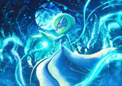 Rule 34 | 1girl, absurdres, arm at side, arm up, artist name, aura, bare tree, blue sky, blue theme, bob cut, colored skin, creatures (company), dated, female focus, from behind, full moon, game freak, gardevoir, gen 3 pokemon, glowing, glowing eyes, green hair, green skin, highres, irischroma, light particles, looking at viewer, looking back, magic, moon, multicolored skin, night, nintendo, outdoors, outstretched arm, pokemon, pokemon (creature), red eyes, short hair, signature, sky, solo, standing, tree, two-tone skin, white skin