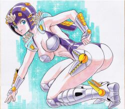 Rule 34 | 1girl, arm guards, armored boots, ass, boots, breasts, cleavage, commentary request, from side, full body, helmet, kamiya minoru (artist), la llorona, large breasts, leotard, marker (medium), plawres sanshirou, purple leotard, revealing clothes, shoulder pads, smile, solo, thong leotard, traditional media