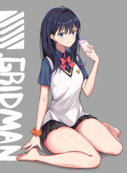 Rule 34 | 1girl, absurdres, arm support, backon, barefoot, black hair, black skirt, blue eyes, blue shirt, bow, bowtie, cardigan, cellphone, closed mouth, collared shirt, copyright name, full body, grey background, gridman universe, gridman universe (film), hair behind ear, hand up, highres, holding, holding phone, long hair, looking at viewer, miniskirt, on floor, orange scrunchie, phone, pleated skirt, red bow, red bowtie, school uniform, scrunchie, shirt, simple background, sitting, skirt, smartphone, smile, solo, ssss.gridman, sweater, sweater vest, takarada rikka, thighs, v-neck, wariza, white cardigan, white sweater, wrist scrunchie