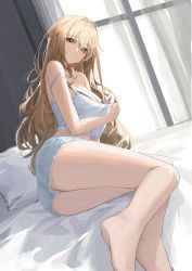 Rule 34 | 1girl, absurdres, ass, bare shoulders, black bra, blonde hair, bra, breasts, camisole, cleavage, clothes pull, grey eyes, highres, indoors, large breasts, lingerie, long hair, looking at viewer, lying, messy hair, midriff, on bed, on side, original, pray (furei), pulled by self, shirt pull, short shorts, shorts, sitting, solo, spaghetti strap, strap slip, thighs, underwear, very long hair, white camisole, white shorts