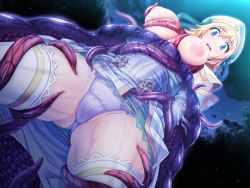 Rule 34 | 1girl, arms behind back, blonde hair, blue eyes, breasts, cameltoe, character request, curvy, female focus, game cg, hat, inverted nipples, large breasts, long hair, looking at viewer, lusterise, night, nipples, open mouth, puffy nipples, ribbon, shugo seijo prism saber, sky, solo, spread legs, sweat, tentacles, thighhighs, wet, white thighhighs, wide hips