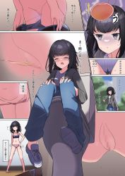 Rule 34 | 1girl, absurdres, bra, censored, clothes pull, comic, female focus, grey eyes, highres, japanese text, mosaic censoring, original, panties, pants, pants pull, panty pull, peeing, pussy, shoes, shoichi845, sitting, solo, sweat, toilet, toilet use, translation request, underwear