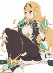 Rule 34 | 1girl, bare shoulders, black pantyhose, blonde hair, breasts, chest jewel, dress, earrings, elbow gloves, gloves, gonzarez, jewelry, large breasts, legs, long hair, mythra (massive melee) (xenoblade), mythra (xenoblade), nintendo, pantyhose, short dress, simple background, sitting, solo, spirit (super smash bros.), super smash bros., swept bangs, thigh strap, thighband pantyhose, tiara, very long hair, white background, white dress, white footwear, white gloves, xenoblade chronicles (series), xenoblade chronicles 2, yellow eyes