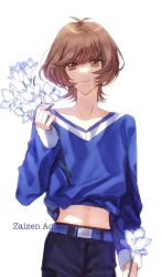 Rule 34 | 1girl, alternate costume, belt, black pants, blue belt, blue flower, blue shirt, brown eyes, brown hair, character name, cowboy shot, crop top, flower, flower request, hand up, highres, holding, holding flower, light smile, long sleeves, looking at viewer, midriff, naoki (2rzmcaizerails6), navel, pants, shirt, short hair, simple background, solo, standing, upper body, white background, yu-gi-oh!, yu-gi-oh! vrains, zaizen aoi
