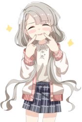 Rule 34 | 1girl, ^ ^, blush stickers, braid, braided bangs, closed eyes, collared shirt, commentary request, facing viewer, fingers to mouth, grey hair, grey skirt, hands up, highres, hisakawa nagi, idolmaster, idolmaster cinderella girls, idolmaster cinderella girls starlight stage, jacket, long hair, long sleeves, low twintails, open clothes, open jacket, parted lips, pleated skirt, shirt, shiwa (siwaa0419), simple background, skirt, sleeves past wrists, smile, solo, sparkle, twintails, very long hair, white background, white jacket, white shirt