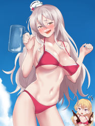 Rule 34 | 2girls, ?, ^^^, bare arms, bare shoulders, beer bottle, beer mug, bikini, blonde hair, blue sky, blush, braid, breasts, brown eyes, collarbone, contrapposto, cowboy shot, cup, day, drooling, drunk, fake facial hair, fake mustache, hair between eyes, hat, head tilt, highres, holding, holding cup, kantai collection, large breasts, long hair, mini hat, mug, multiple girls, narrow waist, navel, outdoors, pola (kancolle), purple eyes, red bikini, saliva, shingyou (alexander-13), silver hair, sky, solo focus, stomach, swimsuit, thighs, underboob, very long hair, white headwear, zara (kancolle)