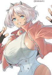 Rule 34 | 1girl, blue eyes, breasts, chikoinochi, collar, covered navel, elphelt valentine, female focus, fingerless gloves, gloves, guilty gear, guilty gear strive, highres, huge breasts, looking at viewer, short hair, sideboob, solo, spiked collar, spikes, upper body, white hair