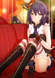 Rule 34 | 1girl, arm between legs, bad id, bad pixiv id, black gloves, blue hair, blush, boots, cafe maid (love live!), commentary request, couch, cross-laced footwear, earrings, gloves, gold trim, hair between eyes, hat, highres, jewelry, lace-up boots, long hair, looking at viewer, love live!, love live! school idol festival, love live! school idol project, mini hat, necktie, sitting, skirt, sleeveless, smile, solo, sonoda umi, sonri, striped clothes, striped thighhighs, thighhighs, top hat, treble clef, white gloves, yellow eyes
