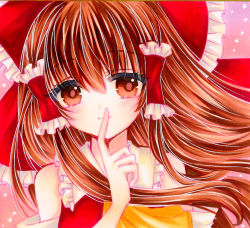 Rule 34 | 1girl, ascot, bare shoulders, blush, bow, breasts, brown eyes, brown hair, closed mouth, collared dress, commentary request, detached sleeves, dress, eyes visible through hair, frills, gradient background, hair between eyes, hair ornament, hair tubes, hakurei reimu, hand up, highres, long hair, long sleeves, looking to the side, marker (medium), medium breasts, multicolored background, orange ascot, orange background, pink background, pointing, purple background, red bow, red dress, smile, solo, star (symbol), starry background, touhou, traditional media, upper body, wide sleeves, yuuki hana (jtnp5334)