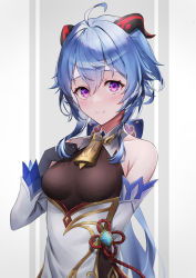 Rule 34 | 1girl, absurdres, ahoge, bad id, bad pixiv id, bare shoulders, bell, black gloves, blue hair, blush, bow, breasts, chinese knot, detached sleeves, flower knot, ganyu (genshin impact), genshin impact, gloves, hand on own chest, highres, horns, long hair, looking at viewer, medium breasts, myske (myst34415756), neck bell, purple eyes, sidelocks, smile, solo, vision (genshin impact), white sleeves