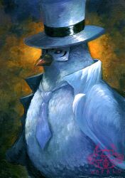 Rule 34 | 1boy, acrylic paint (medium), animal focus, artist logo, bird, formal, hat, hattori (one piece), highres, looking at viewer, mask, necktie, no humans, one piece, open clothes, painting (medium), pigeon, pink eyes, suit, top hat, traditional media, wafalo, white headwear, white necktie, white suit