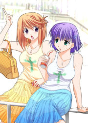 Rule 34 | 00s, 2girls, :o, alternate costume, aqua eyes, arm support, arm up, bag, bare arms, bare shoulders, blush, bracelet, casual, cross, cup, drink, drinking straw, eye contact, food, french fries, hair between eyes, hair ornament, hairclip, handbag, holding, jewelry, komaki manaka, latin cross, leaning back, looking at another, multiple girls, neck, necklace, on railing, one side up, open mouth, orange hair, otaut-r, pendant, photo background, pointing, purple eyes, purple hair, railing, scrunchie, shirt, short hair, sitting, skirt, spill, standing, sweatdrop, swept bangs, tank top, taut clothes, taut shirt, to heart (series), to heart 2, tonami yuma