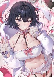 Rule 34 | 1girl, absurdres, animal ear hood, animal ears, bare shoulders, between breasts, black hair, black thighhighs, blue eyes, blurry, blurry background, blush, bow, breasts, chest harness, choker, closed mouth, collarbone, cowboy shot, crop top, crossed bangs, fake animal ears, frilled choker, frilled skirt, frills, garter straps, hair between eyes, hands up, harness, heart, highres, hood, hood down, jacket, lace trim, large breasts, long sleeves, looking at viewer, microskirt, mole, mole under mouth, nail polish, navel, navel piercing, neck ribbon, o-ring, open clothes, open jacket, original, piercing, pink nails, purple bow, red bow, red ribbon, ribbon, short hair, skirt, solo, stomach, strap between breasts, strapless, thighhighs, tube top, white choker, white jacket, white skirt, white tube top, wrist bow, ye jji