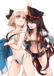 Rule 34 | 2girls, bad id, bad pixiv id, bare shoulders, bikini, bikini skirt, black bow, black hair, black headwear, blonde hair, bow, breasts, cleavage, collarbone, commentary request, fate/grand order, fate (series), hair between eyes, hair bow, hat, highres, holding, holding clothes, holding jacket, jacket, kazuya0810, large breasts, long hair, looking at another, medium breasts, multiple girls, oda nobunaga (fate), oda nobunaga (koha-ace), okita souji (fate), okita souji (koha-ace), red eyes, red jacket, short hair, side-tie bikini bottom, simple background, swimsuit, teeth, upper teeth only, v-shaped eyebrows, very long hair, white background, white bikini, white jacket