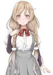 Rule 34 | 1girl, arm warmers, blush, braid, buttons, closed mouth, collared shirt, grey skirt, highres, kantai collection, koru pera, light brown hair, long hair, looking at viewer, minegumo (kancolle), red eyes, shirt, short sleeves, simple background, skirt, solo, suspender skirt, suspenders, twin braids, upper body, white background, white shirt