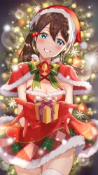 Rule 34 | 1girl, bare arms, bell, breasts, brown hair, christmas, christmas lights, christmas ornaments, christmas tree, cleavage, commentary request, dress, gift, gloves, green eyes, green neckwear, grin, hair ornament, hairclip, head tilt, highres, holding, holding gift, niwata0, original, plaid, plaid skirt, red dress, red gloves, santa costume, santa dress, skirt, small breasts, smile, snow, standing, teeth, thighhighs, white thighhighs, x hair ornament, zettai ryouiki