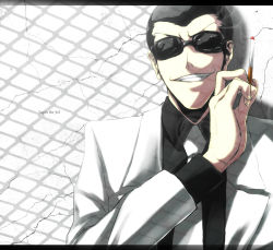 Rule 34 | 1boy, arsene lupin iii, bad id, bad pixiv id, cigarette, formal, grin, iwamoto eiri, letterboxed, lupin iii, male focus, necktie, sideburns, smile, smoking, solo, suit, sunglasses, tms entertainment