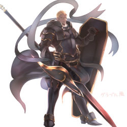 Rule 34 | 1boy, alternate costume, armor, armored boots, benny (fire emblem), black armor, black footwear, blonde hair, boots, breastplate, cheekbones, closed mouth, commentary request, dark-skinned male, dark skin, fire emblem, fire emblem fates, full body, gauntlets, gold trim, holding, holding polearm, holding shield, holding spear, holding weapon, looking at viewer, male focus, monsuke (monban), nintendo, no eyebrows, pelvic curtain, polearm, scar, scar on face, scratches, shield, short hair, shoulder armor, simple background, solo, spear, standing, translation request, very short hair, waist cape, weapon, white background