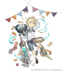 Rule 34 | 1boy, aladdin (sinoalice), blonde hair, blue eyes, chain, full body, gold chain, hair over one eye, ji no, looking at viewer, male focus, money, necktie, nightmare (sinoalice), official art, oil lamp, plaid, plaid shorts, shorts, sinoalice, solo, square enix, string of flags, sword, toy block, toy car, vest, weapon, white background, aged down