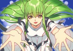 Rule 34 | 1girl, :d, blue background, blurry, blush, breasts, c.c., code geass, creayus, depth of field, foreshortening, green hair, hair between eyes, long hair, long sleeves, looking at viewer, medium breasts, open mouth, outstretched arms, palms, reaching, reaching towards viewer, robe, smile, solo, spread fingers, straight hair, thigh gap, tsurime, very long hair, wide sleeves, yellow eyes