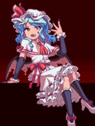 Rule 34 | 1girl, ascot, bat wings, black nails, black socks, blue hair, capelet, dress, frilled dress, frills, full body, hat, mob cap, open mouth, pixel art, potemki11, red ascot, red background, red eyes, remilia scarlet, smile, socks, solo, teeth, touhou, white capelet, white dress, wings