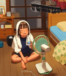 Rule 34 | 1girl, barefoot, bed, black shorts, blue shirt, blunt bangs, blush, bottle, brown hair, cable, cactus, clock, closed eyes, drawing (object), electric fan, highres, holding, holding bottle, indoors, making-of available, on floor, open mouth, original, plant, potted plant, shirt, short hair, short sleeves, shorts, sitting, solo, straight hair, sumika inagaki, summer, sweat, towel, towel on head, trash can, wooden floor